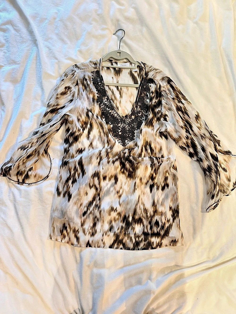 Chico’s Size 1 Sheer Beaded Beach Cover Up Tunic Animal Print Boho (W8-10)